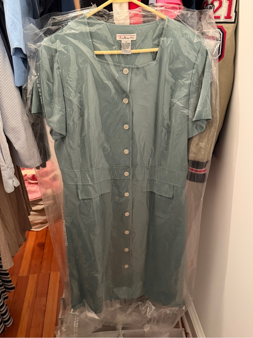 Talbots Sage Green Short-Sleeve Button-Front Midi Dress